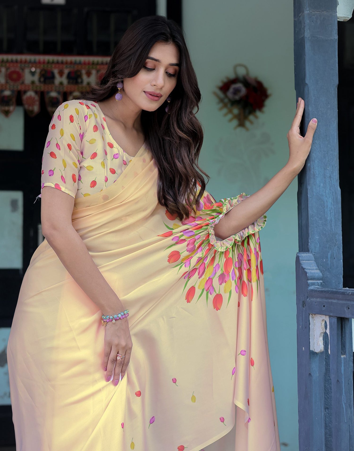 Handsfree Cream Satin Floral Printed Saree