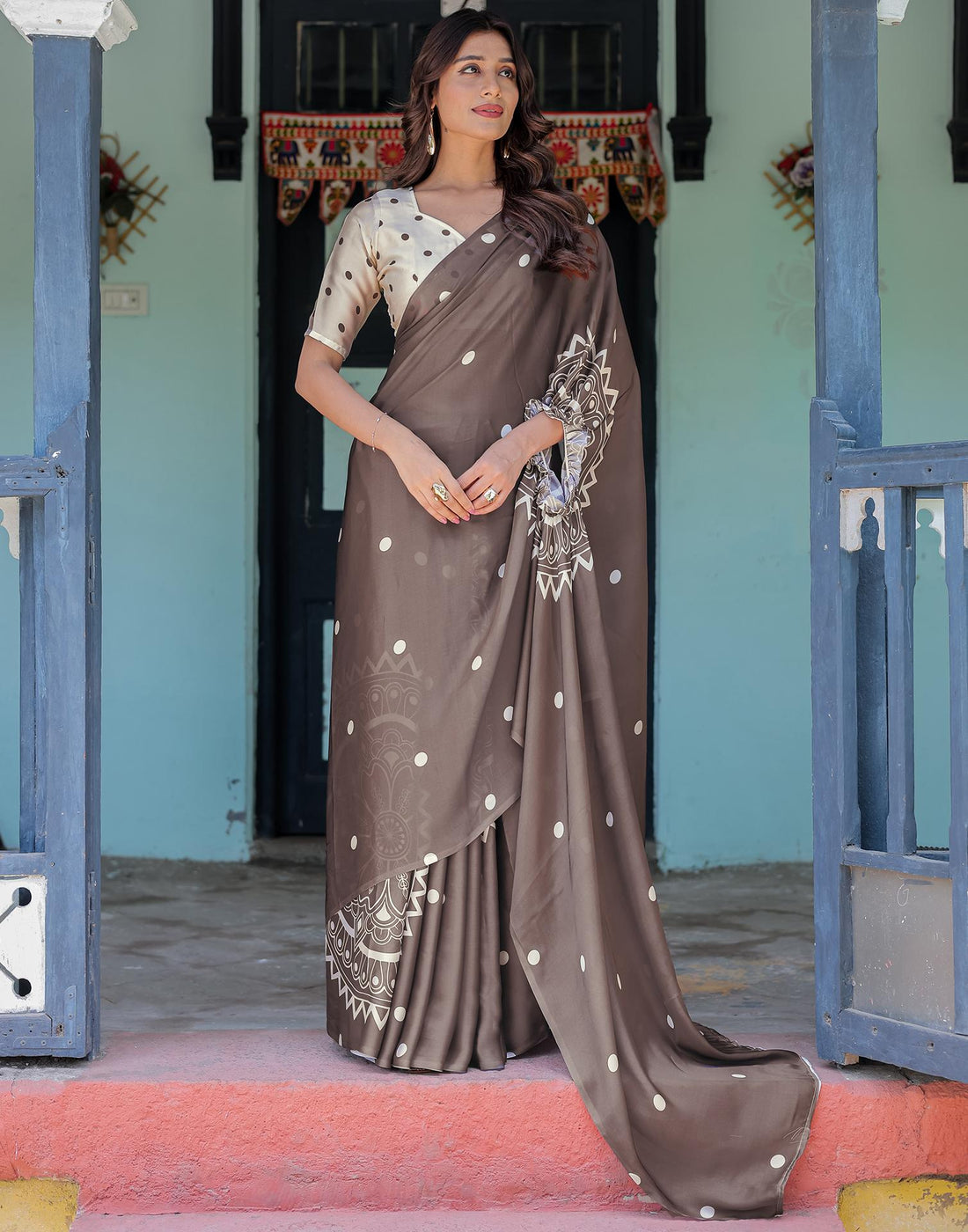Handsfree Dark Brown Satin Printed Saree