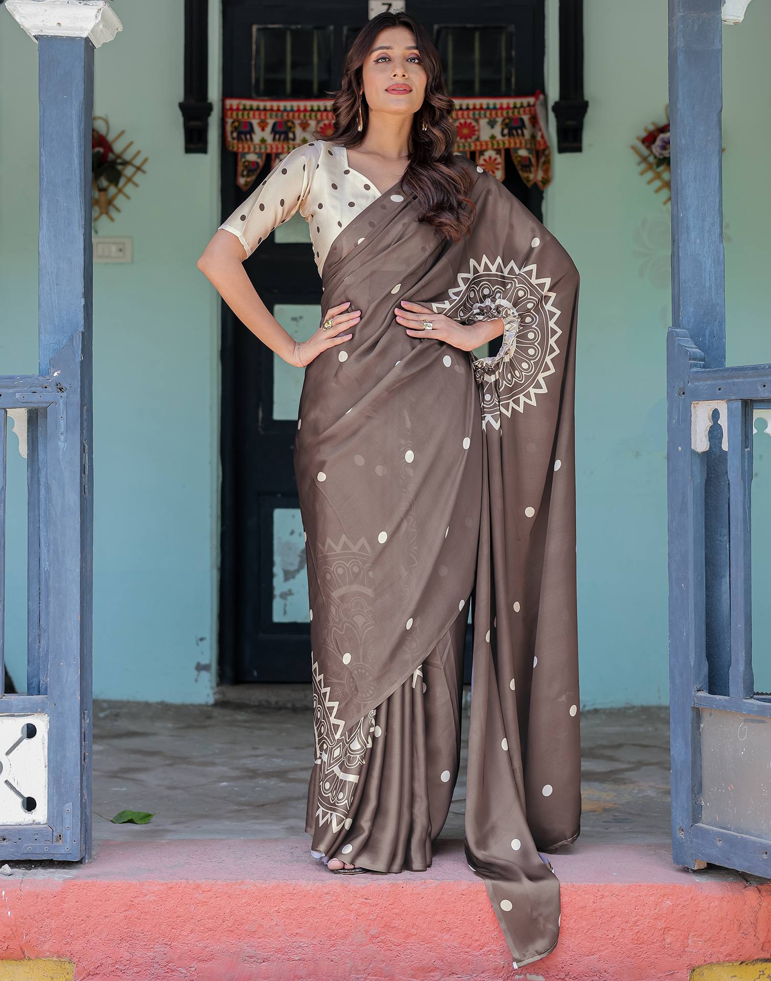Handsfree Dark Brown Satin Printed Saree