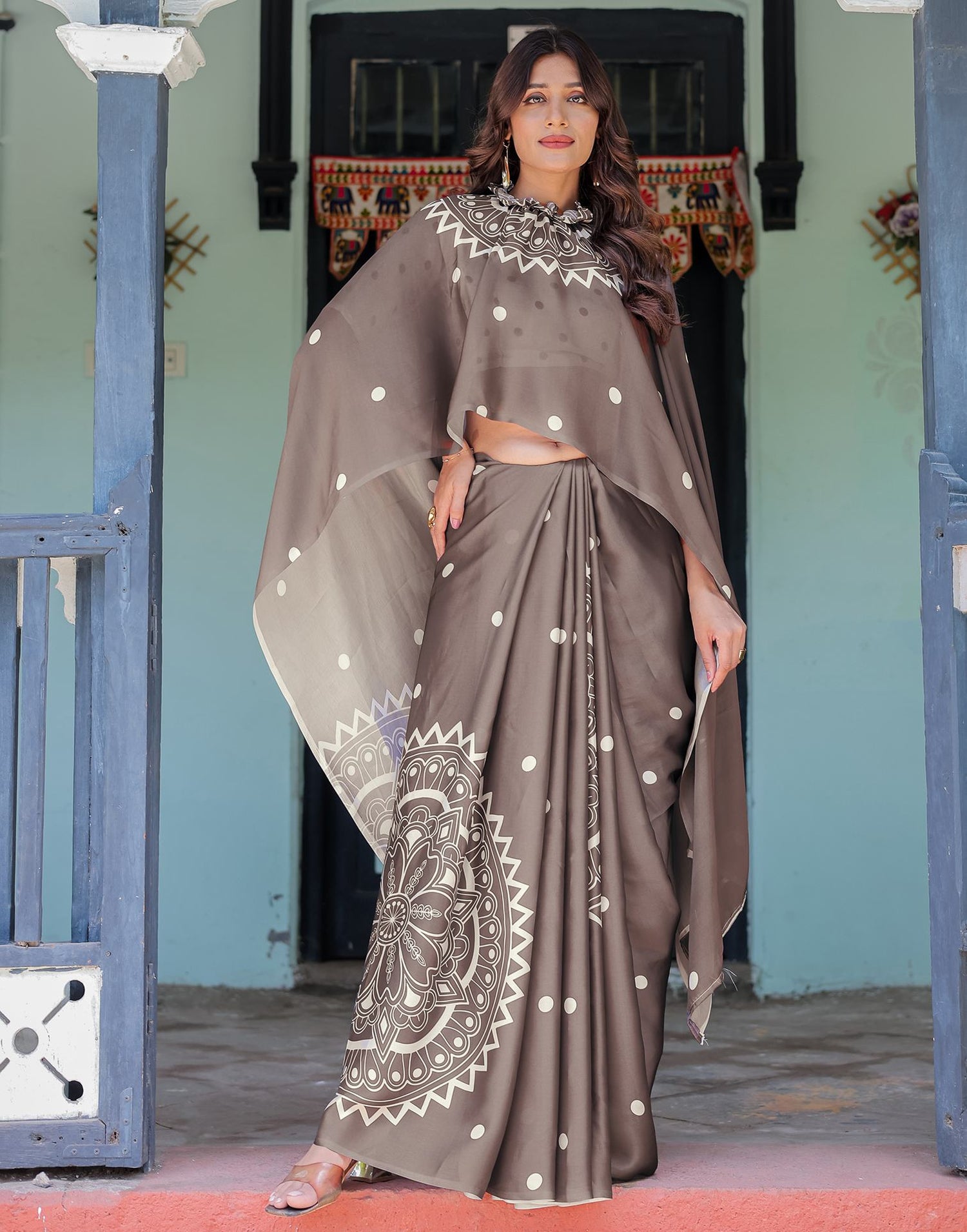 Handsfree Dark Brown Satin Printed Saree