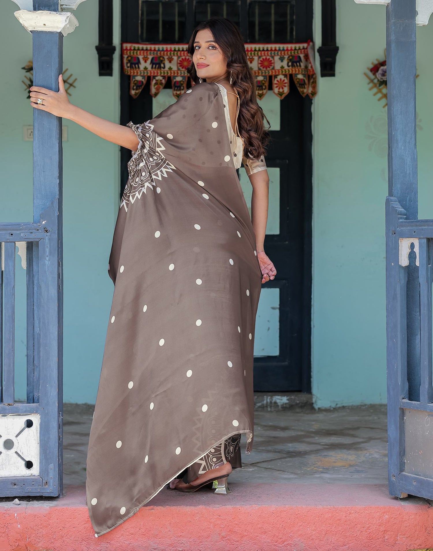 Handsfree Dark Brown Satin Printed Saree