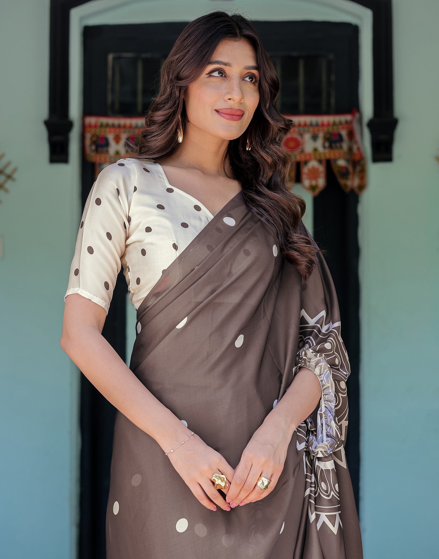 Handsfree Dark Brown Satin Printed Saree