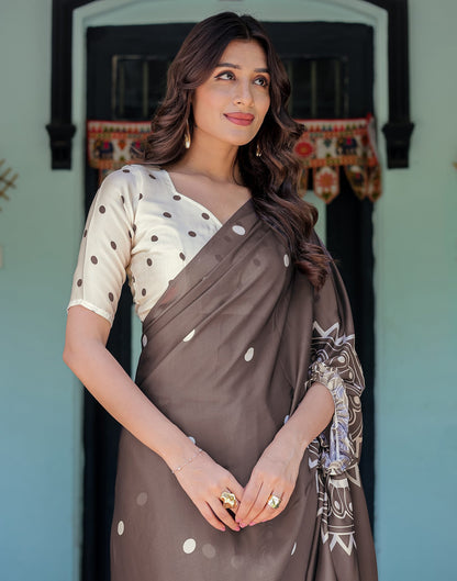 Handsfree Dark Brown Satin Printed Saree
