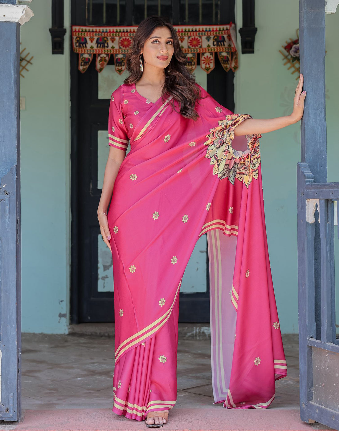 Handsfree Dark Rani Pink Satin Floral Printed Saree