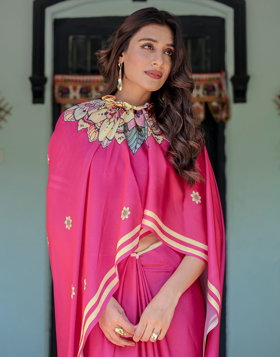 Handsfree Dark Rani Pink Satin Floral Printed Saree