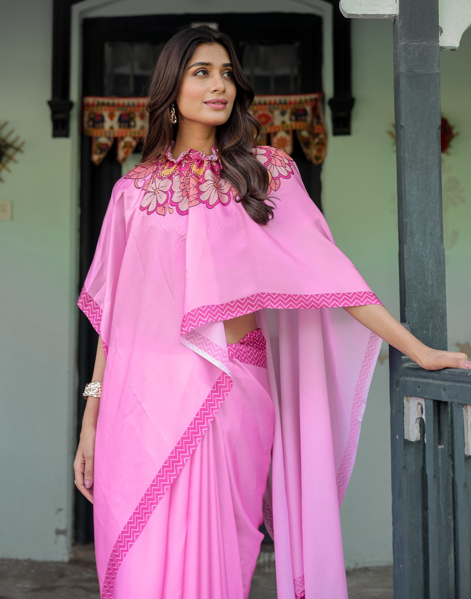 Handsfree Pink Satin Printed Saree