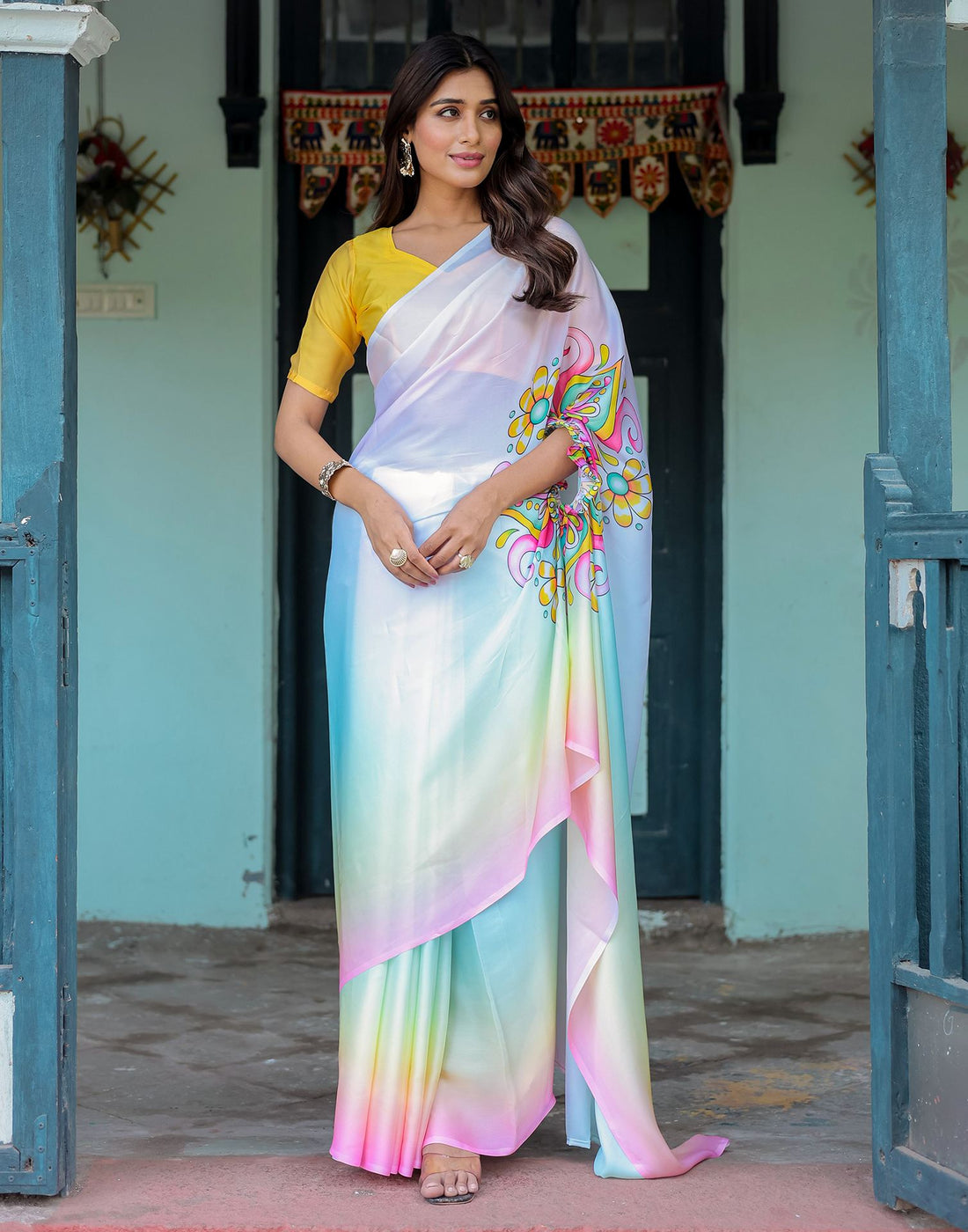 Handsfree Multicoloured Satin Printed Saree