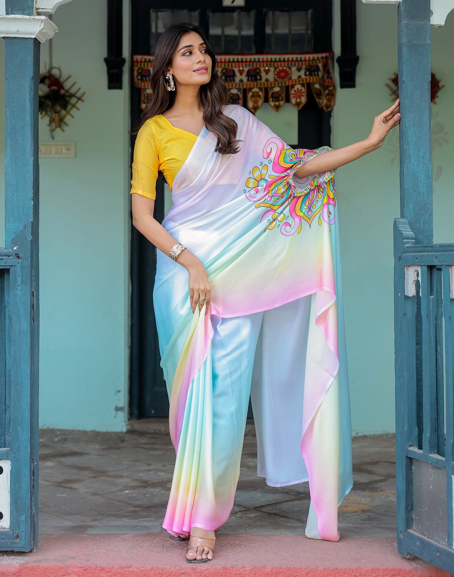 Handsfree Multicoloured Satin Printed Saree