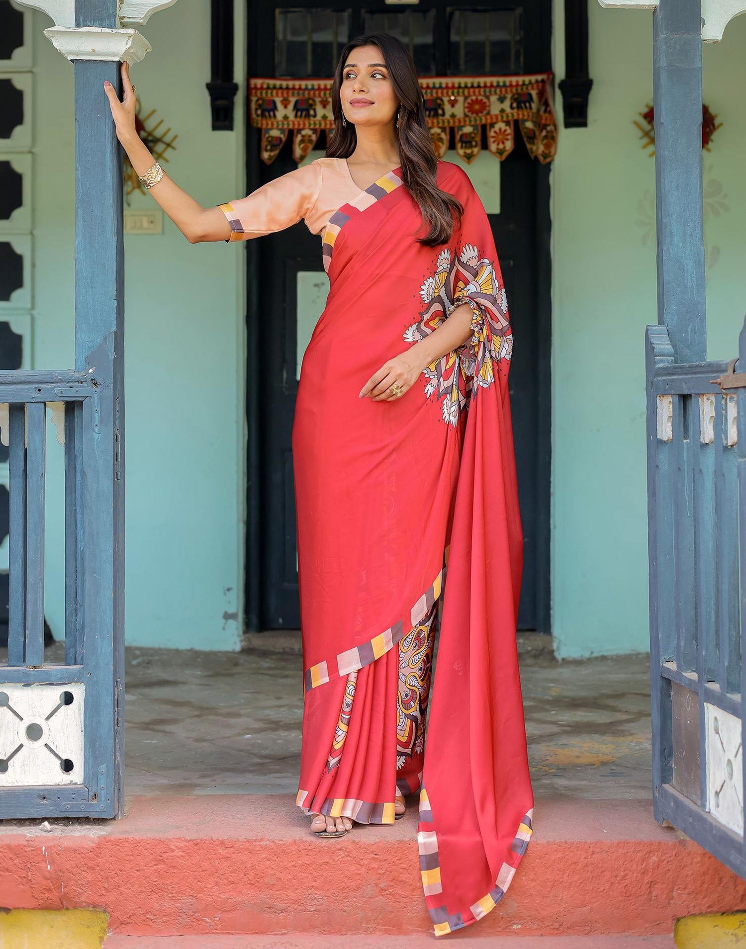 Handsfree Red Satin Printed Saree