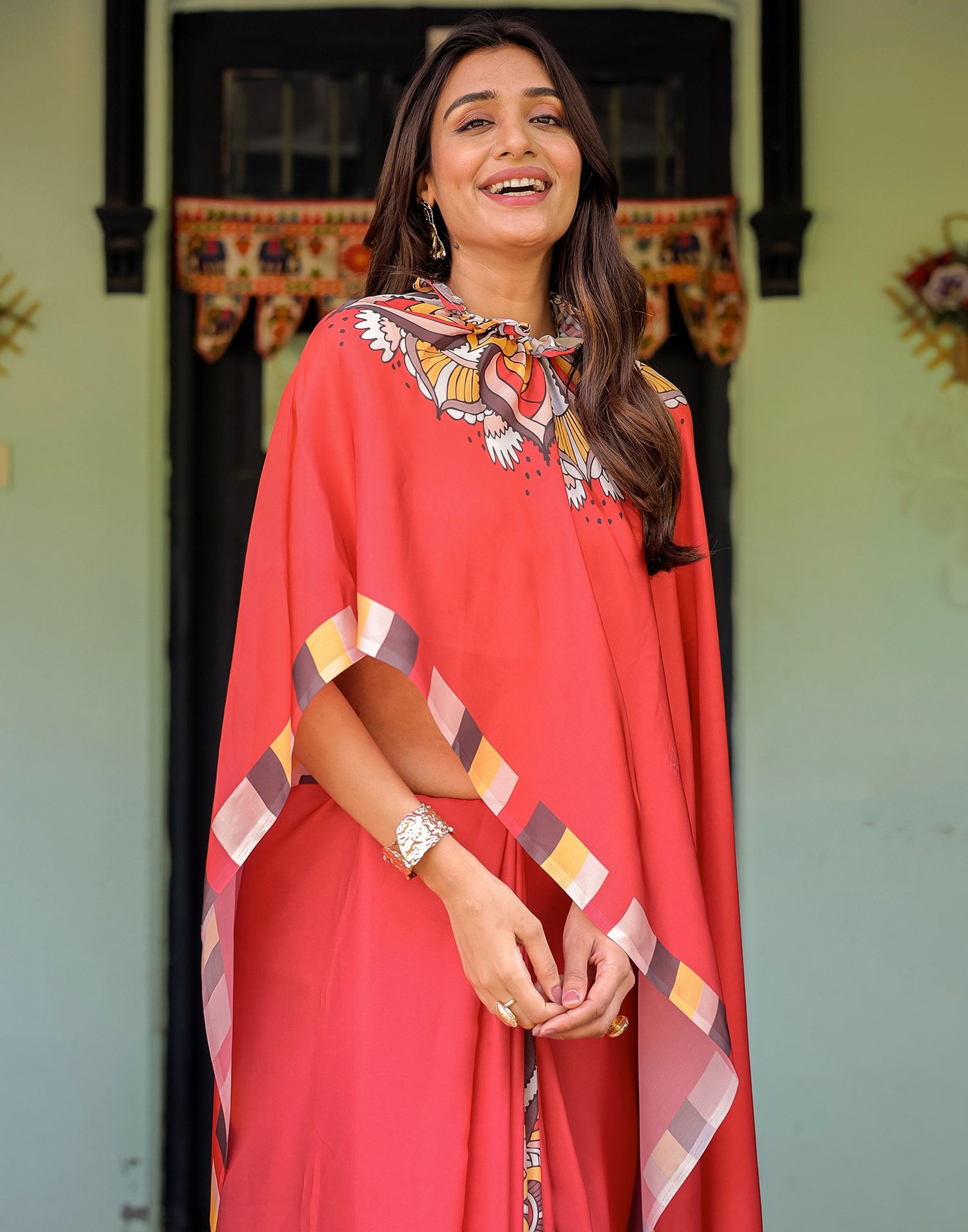 Handsfree Red Satin Printed Saree
