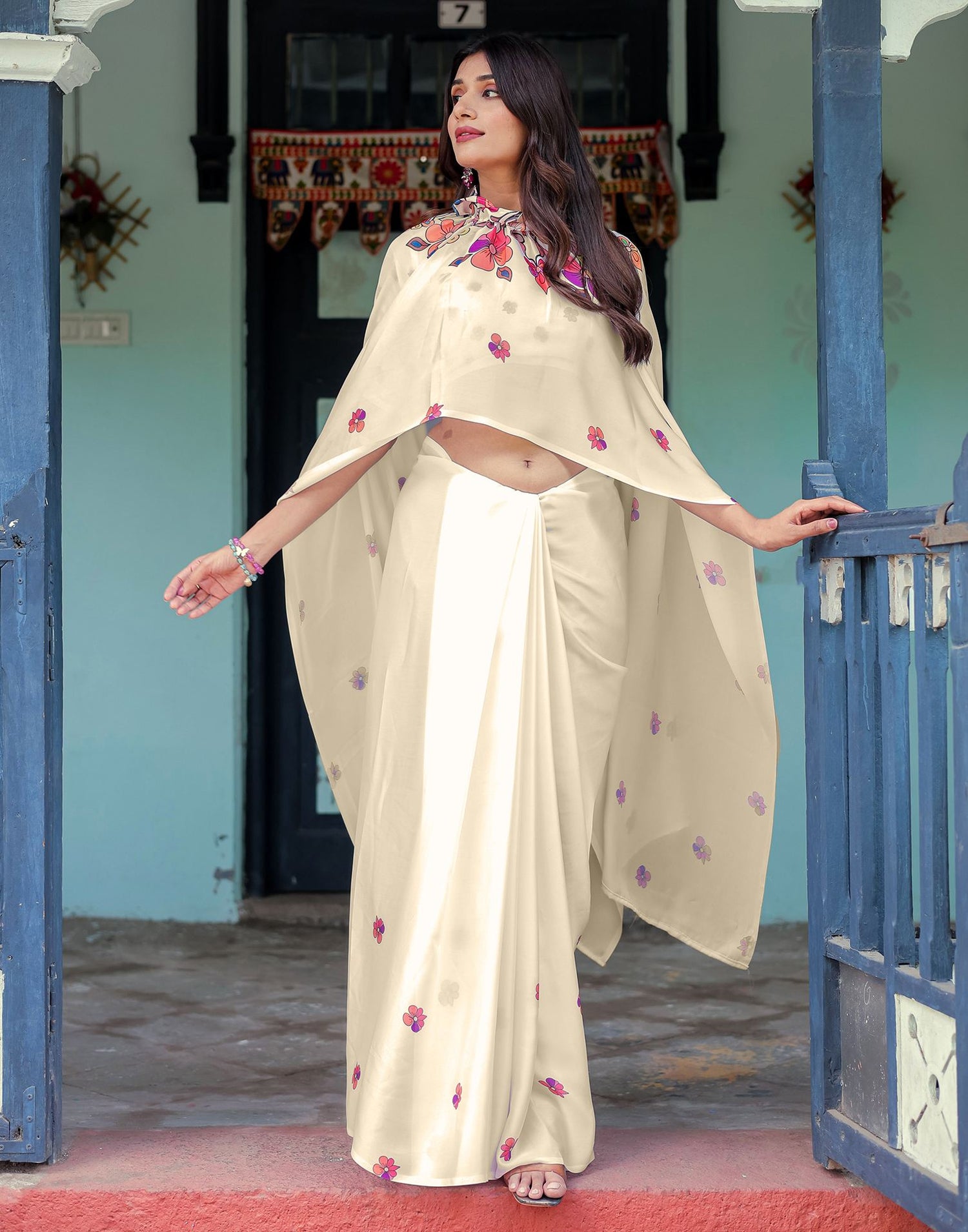 Handsfree Off White Satin Floral Printed  Saree