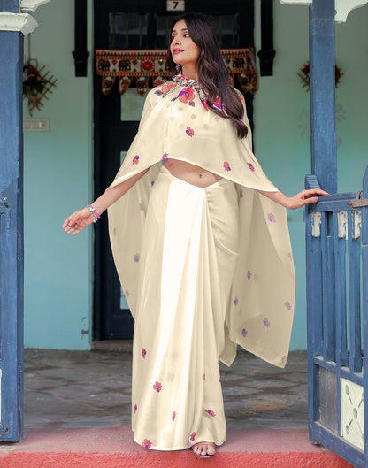 Handsfree Off White Satin Floral Printed  Saree