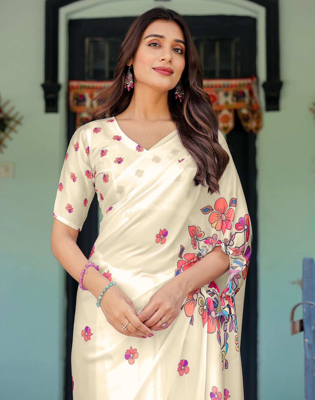 Handsfree Off White Satin Floral Printed  Saree