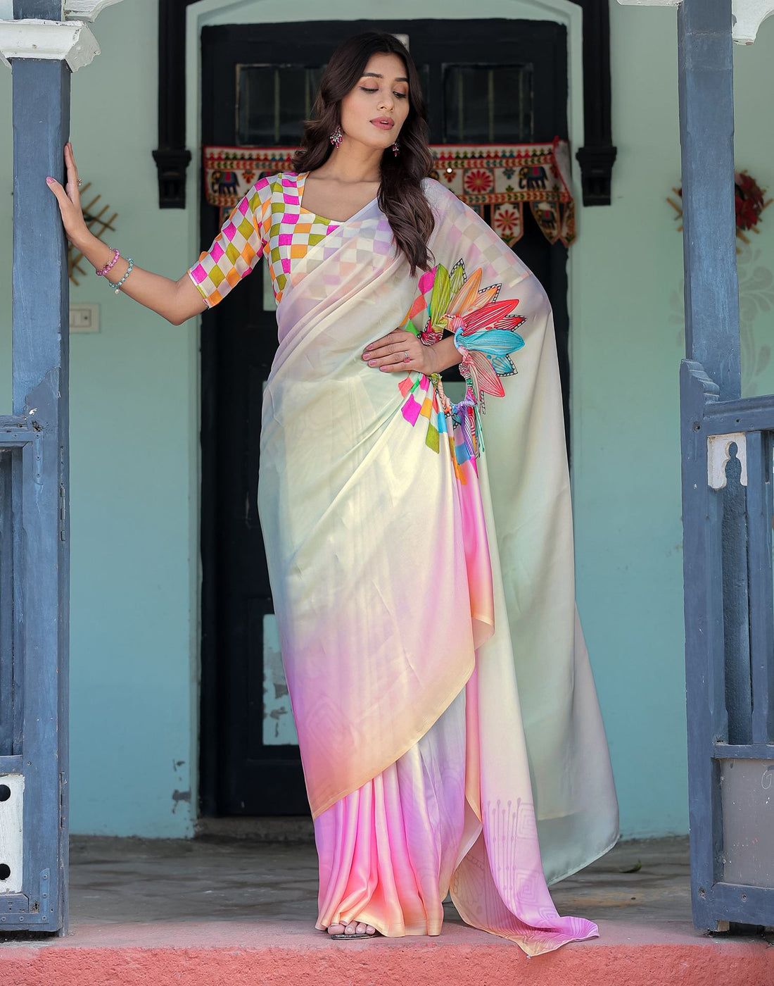 Handsfree Multicoloured Satin Printed Saree