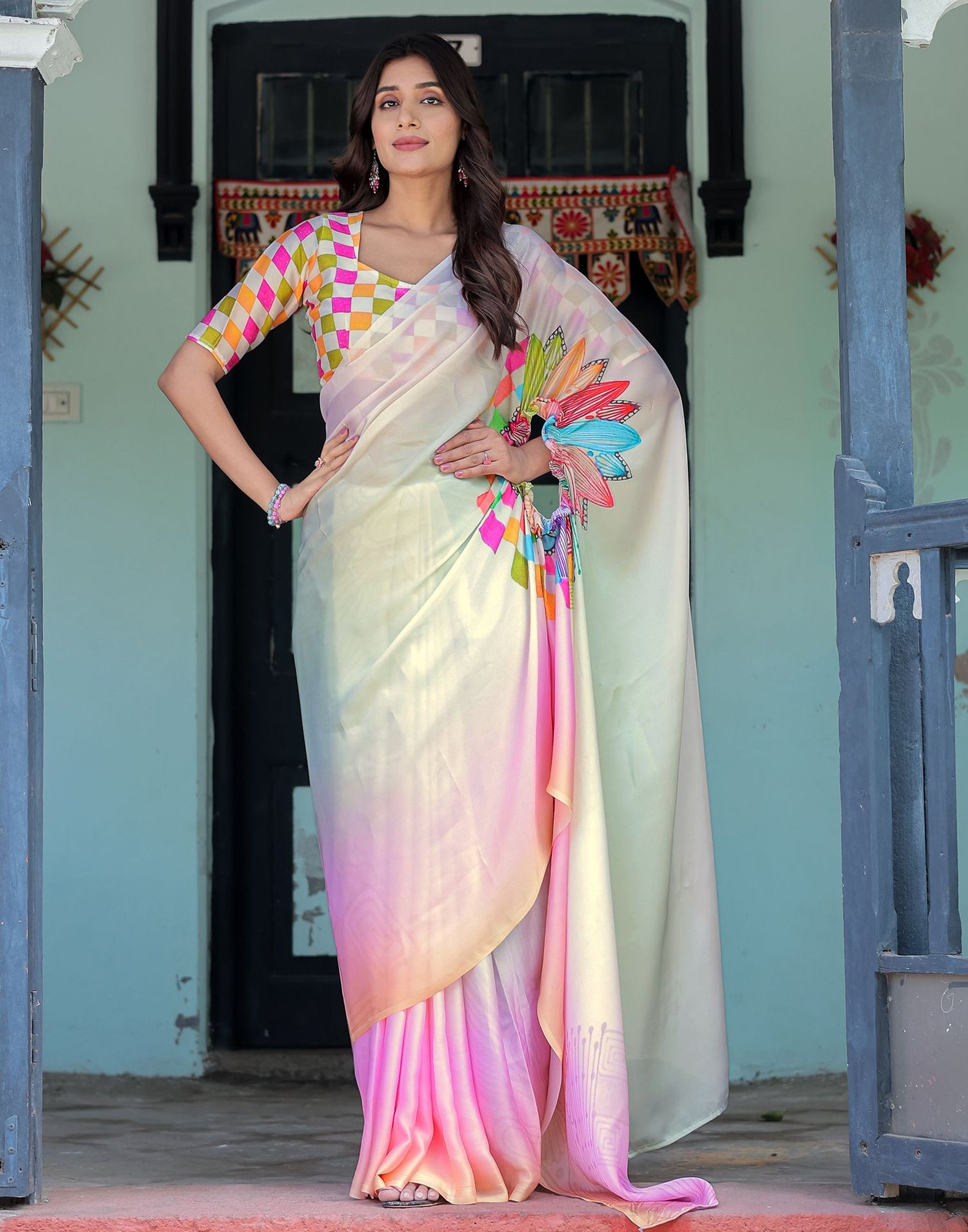 Handsfree Multicoloured Satin Printed Saree