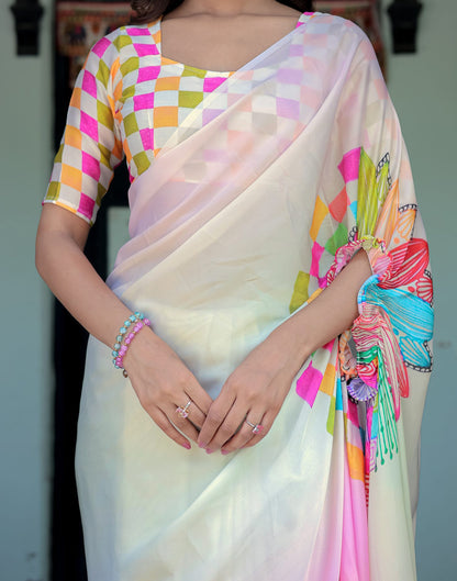 Handsfree Multicoloured Satin Printed Saree