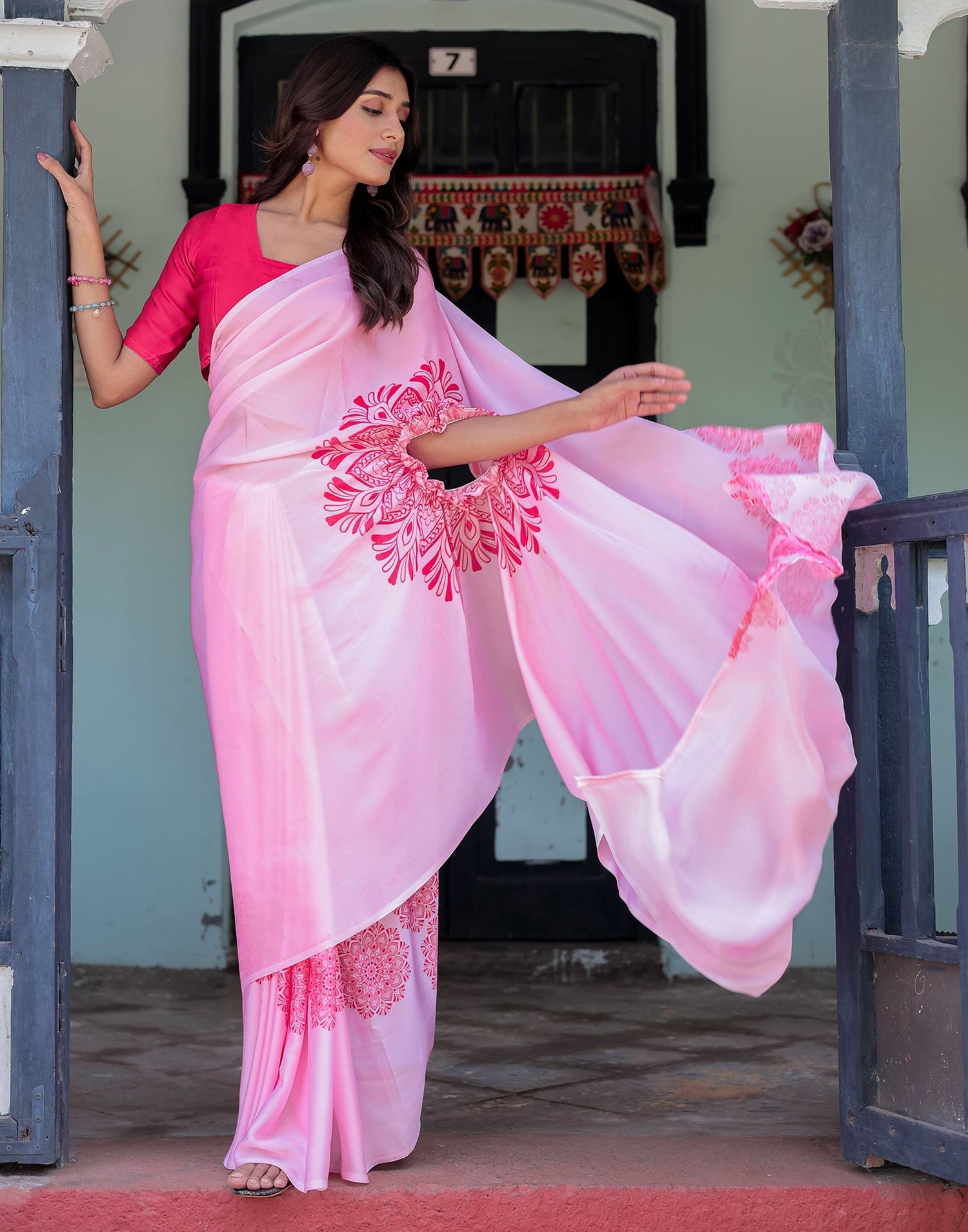 Handsfree Light Pink Satin Printed Saree