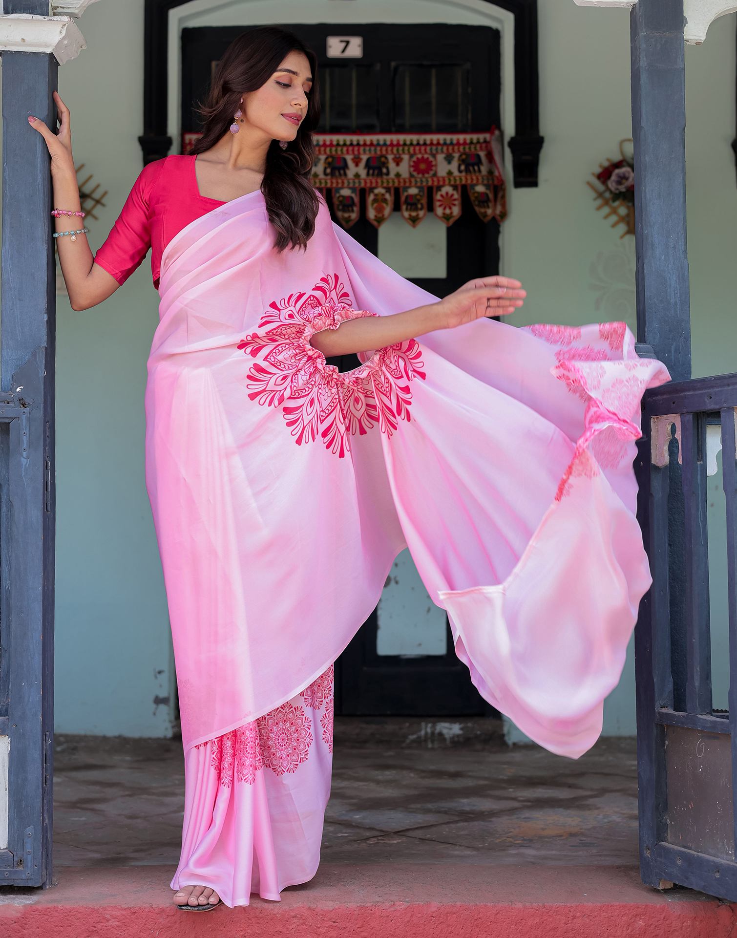 Handsfree Light Pink Satin Printed Saree