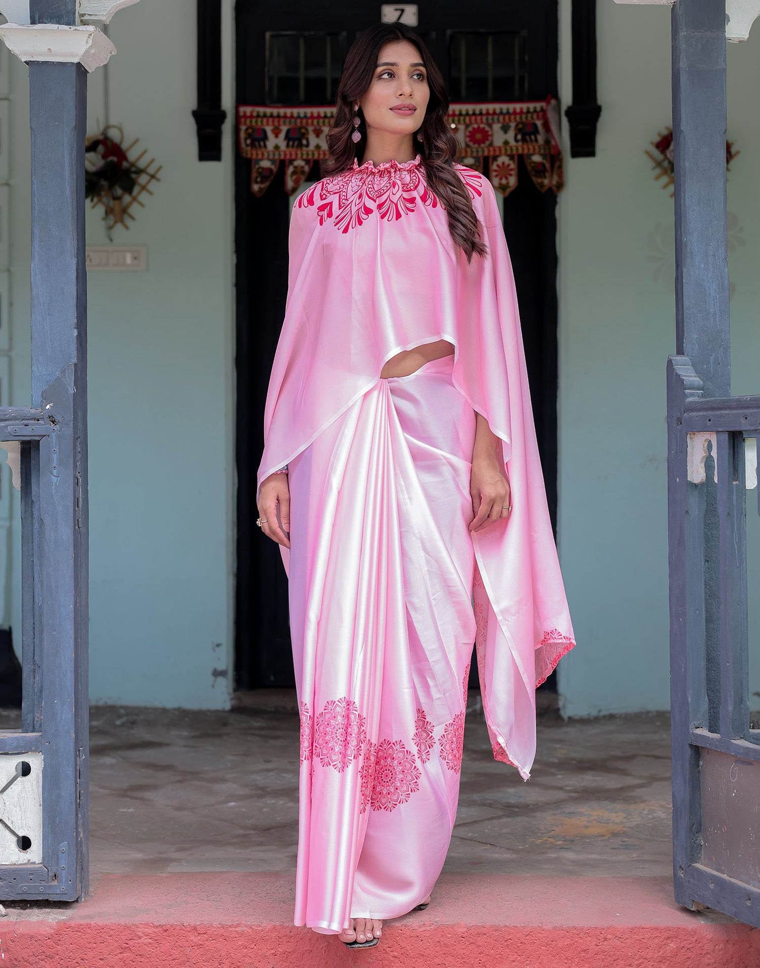 Handsfree Light Pink Satin Printed Saree