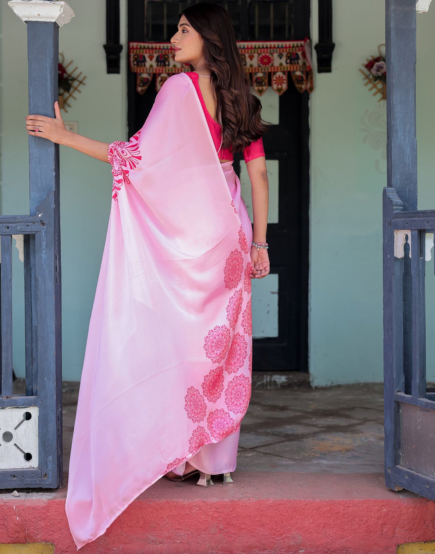 Handsfree Light Pink Satin Printed Saree