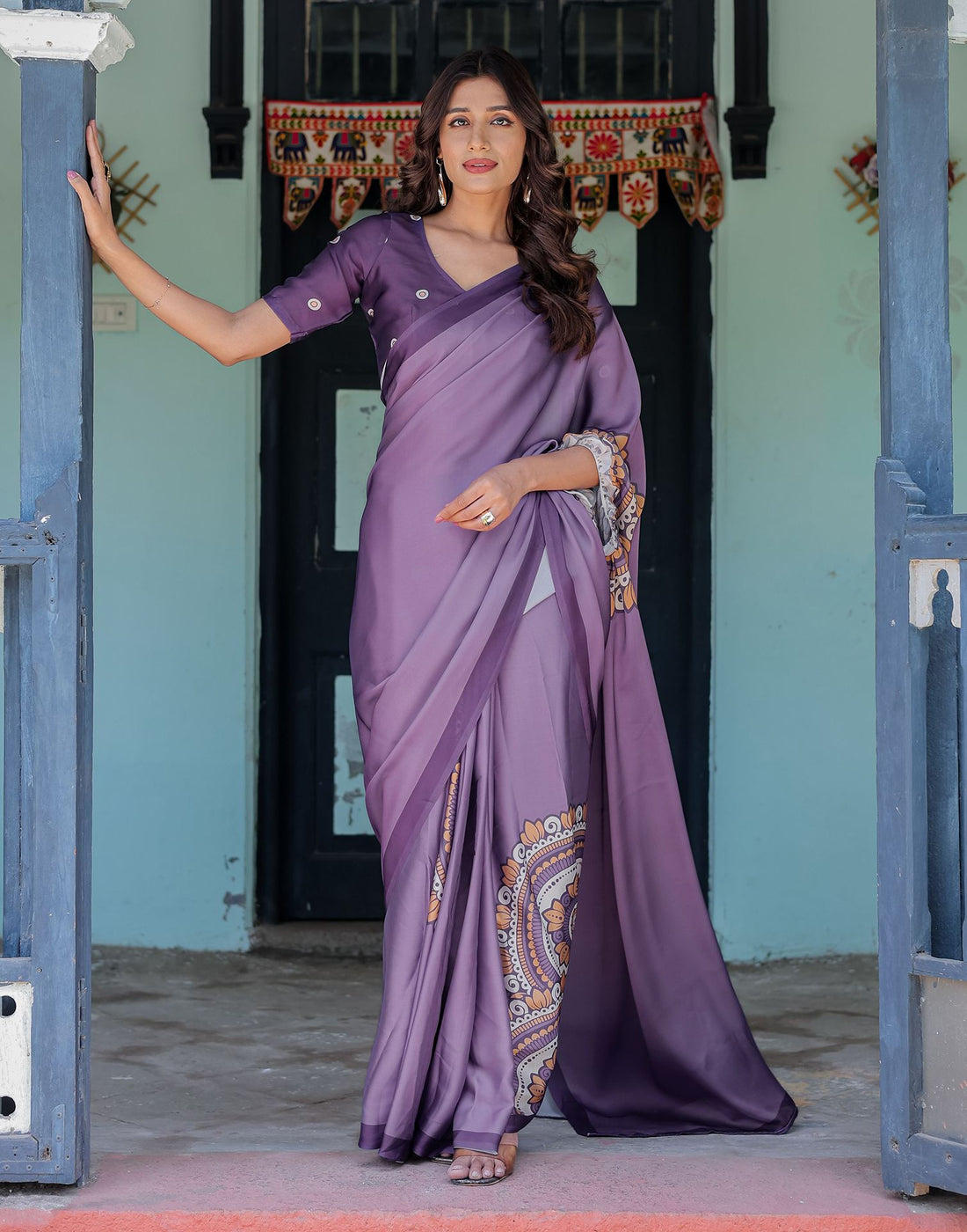 Handsfree Dusty Purple Satin Printed Saree