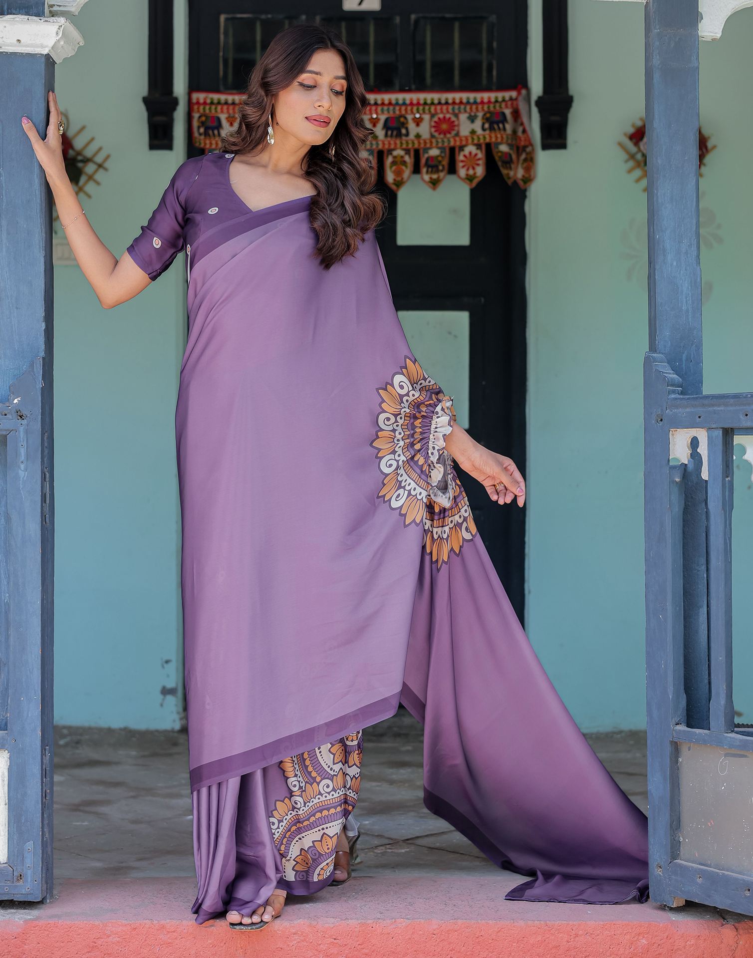 Handsfree Dusty Purple Satin Printed Saree