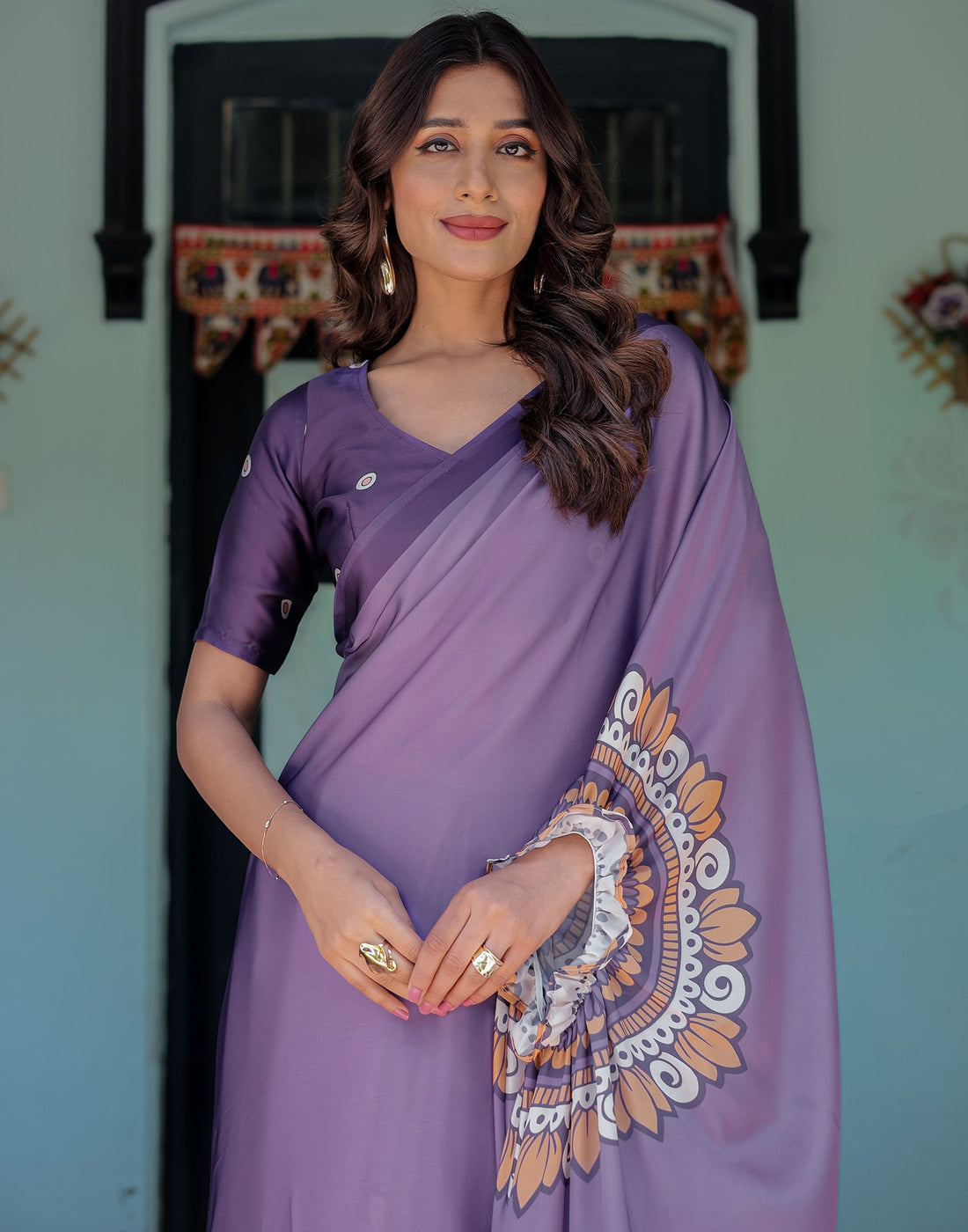 Handsfree Dusty Purple Satin Printed Saree