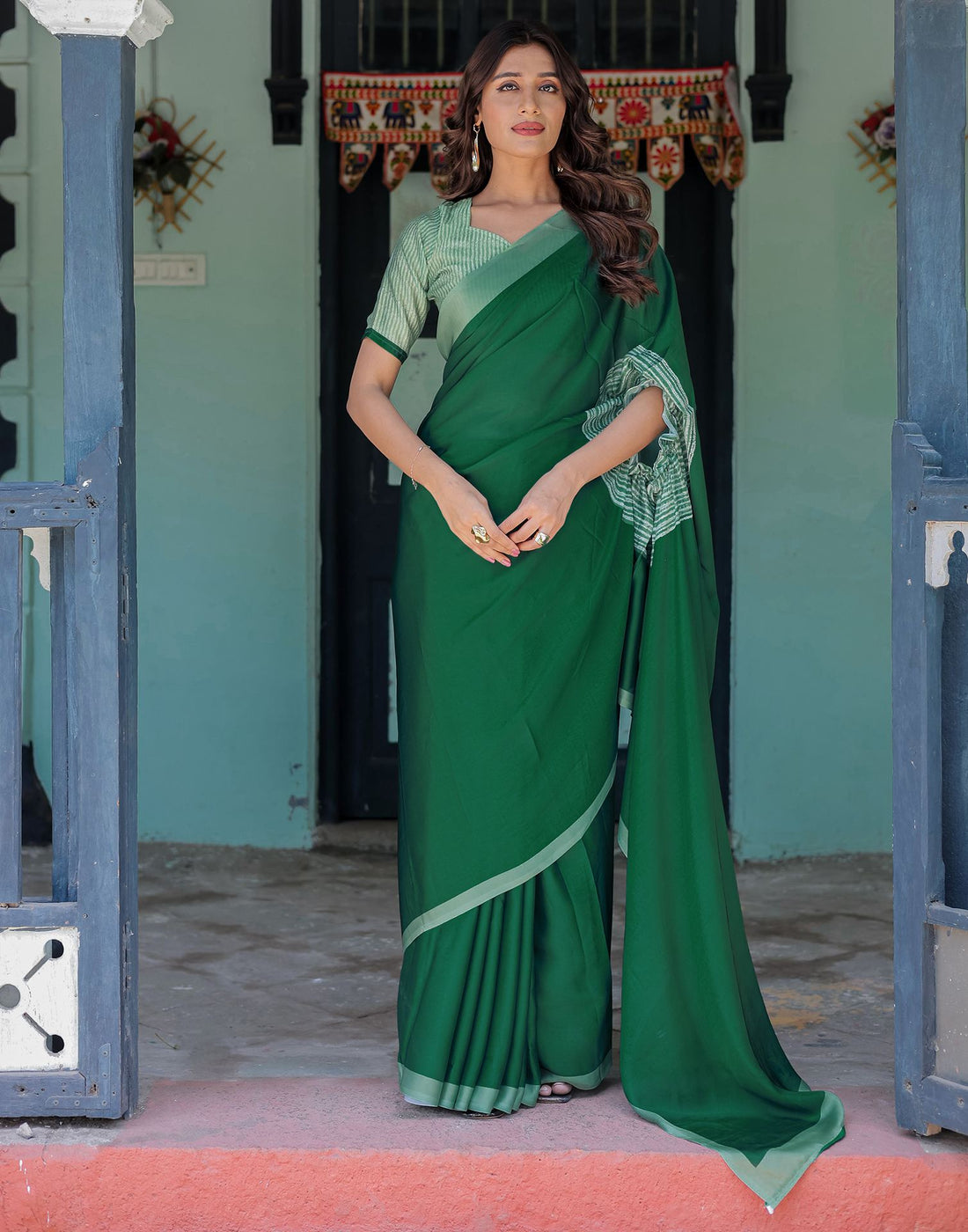 Handsfree Dark Green Satin Printed Saree