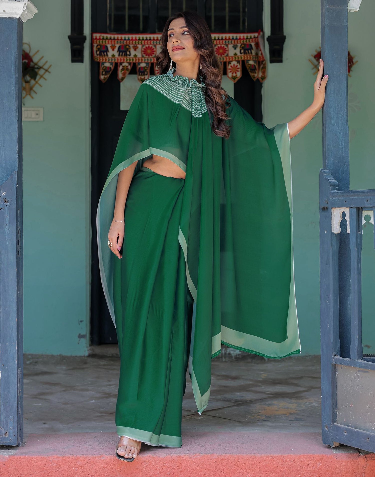 Handsfree Dark Green Satin Printed Saree