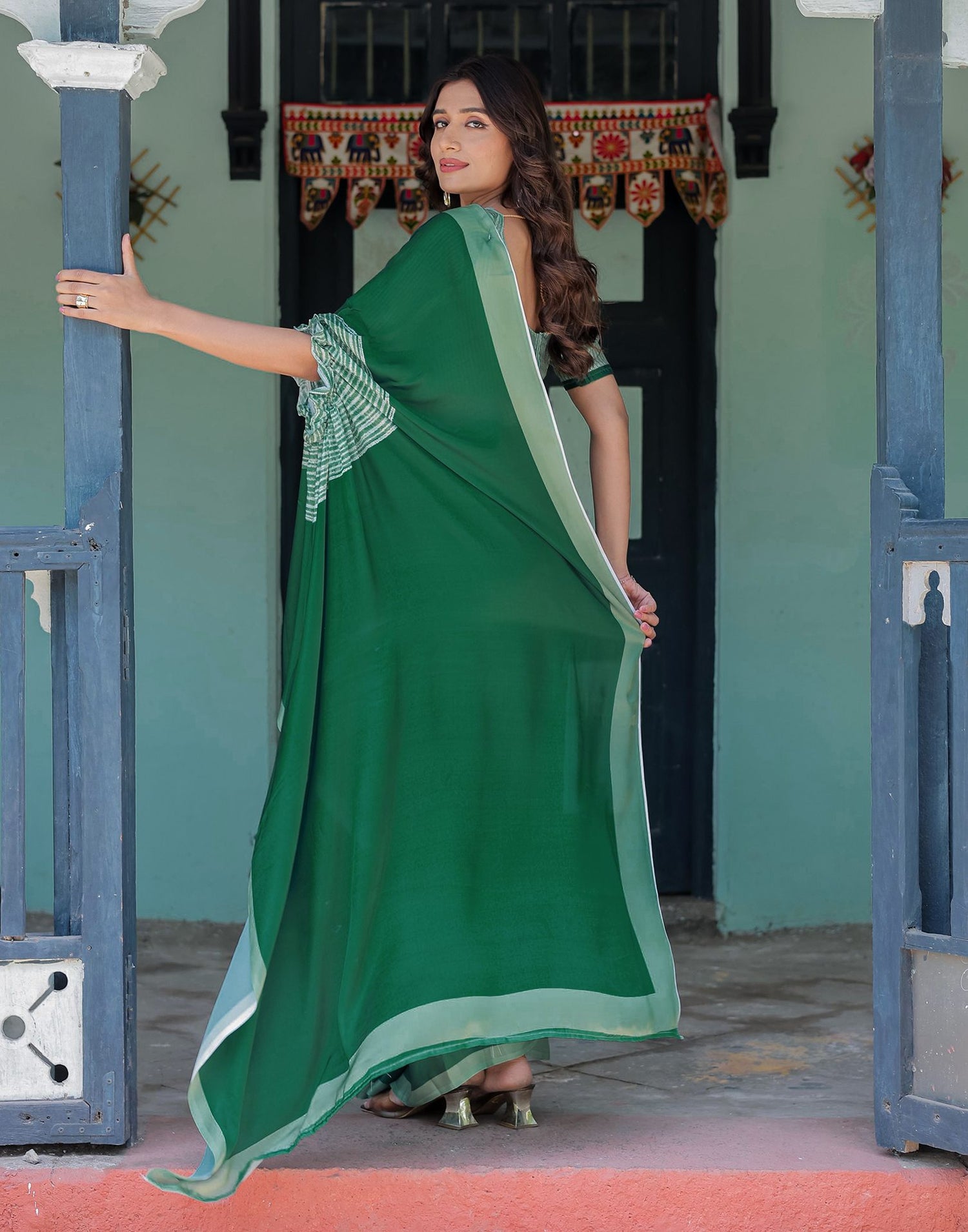 Handsfree Dark Green Satin Printed Saree