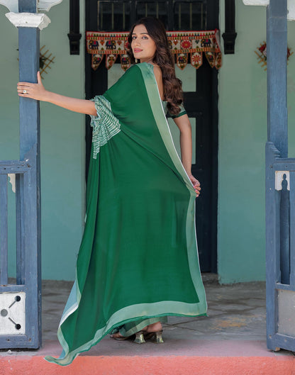 Handsfree Dark Green Satin Printed Saree