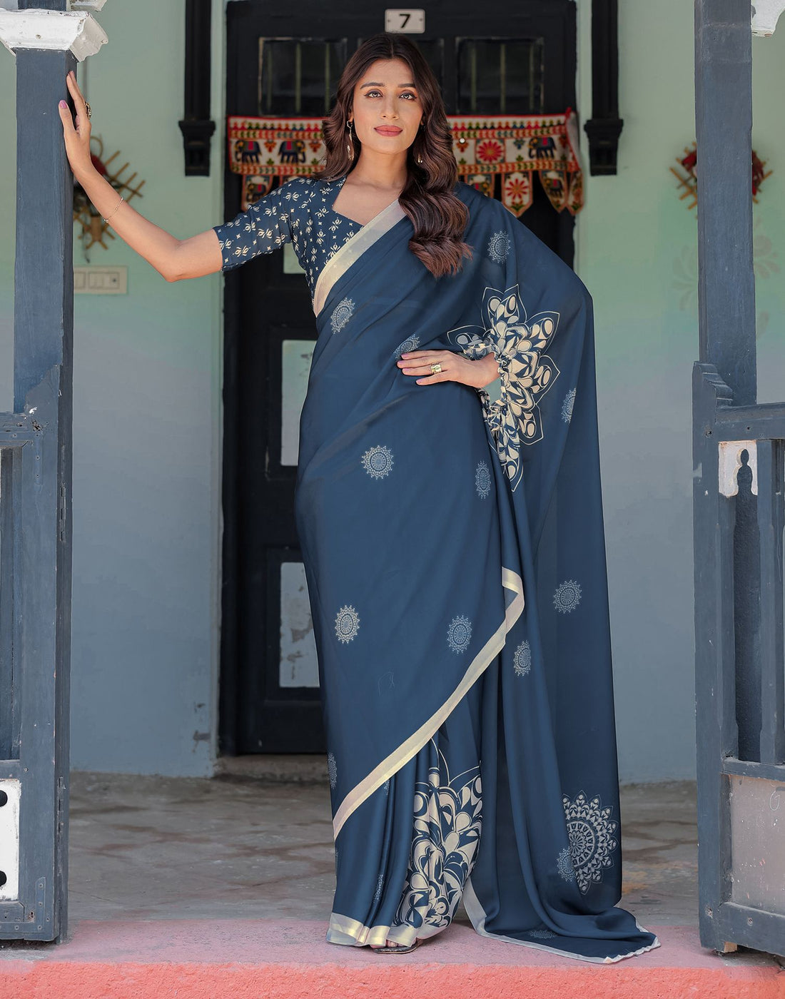 Handsfree Rama Blue Satin Printed Saree