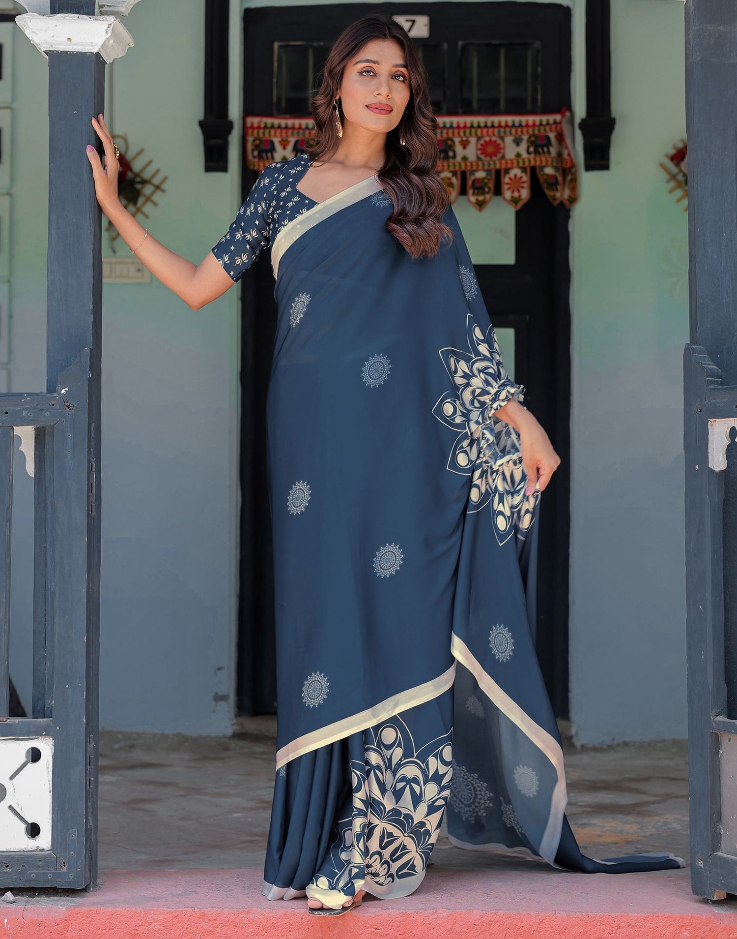 Handsfree Rama Blue Satin Printed Saree