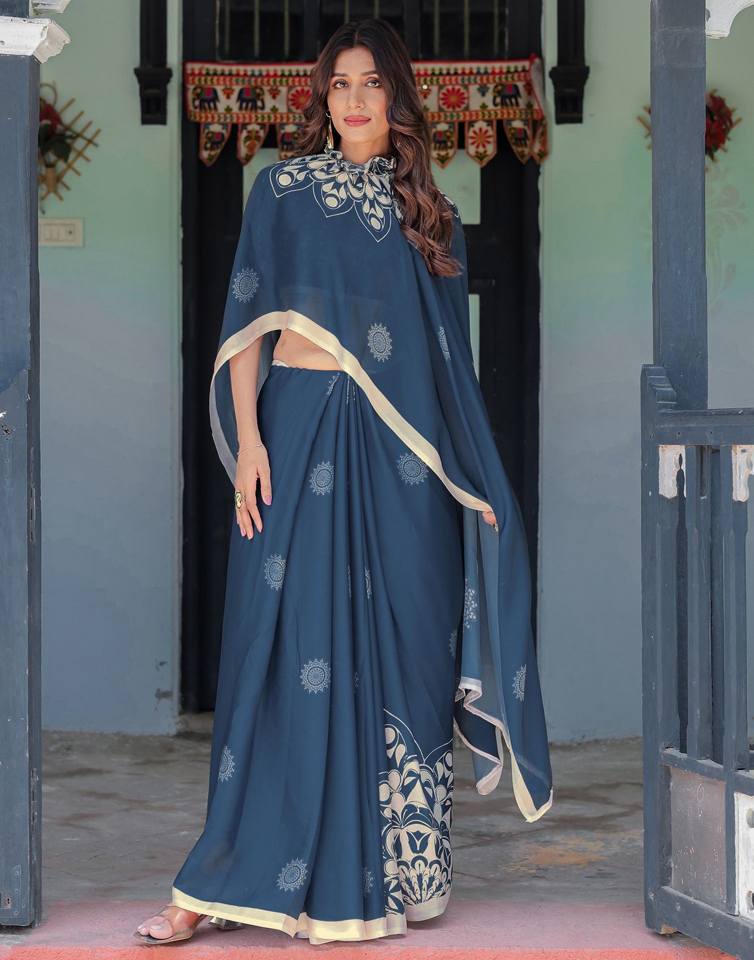 Handsfree Rama Blue Satin Printed Saree