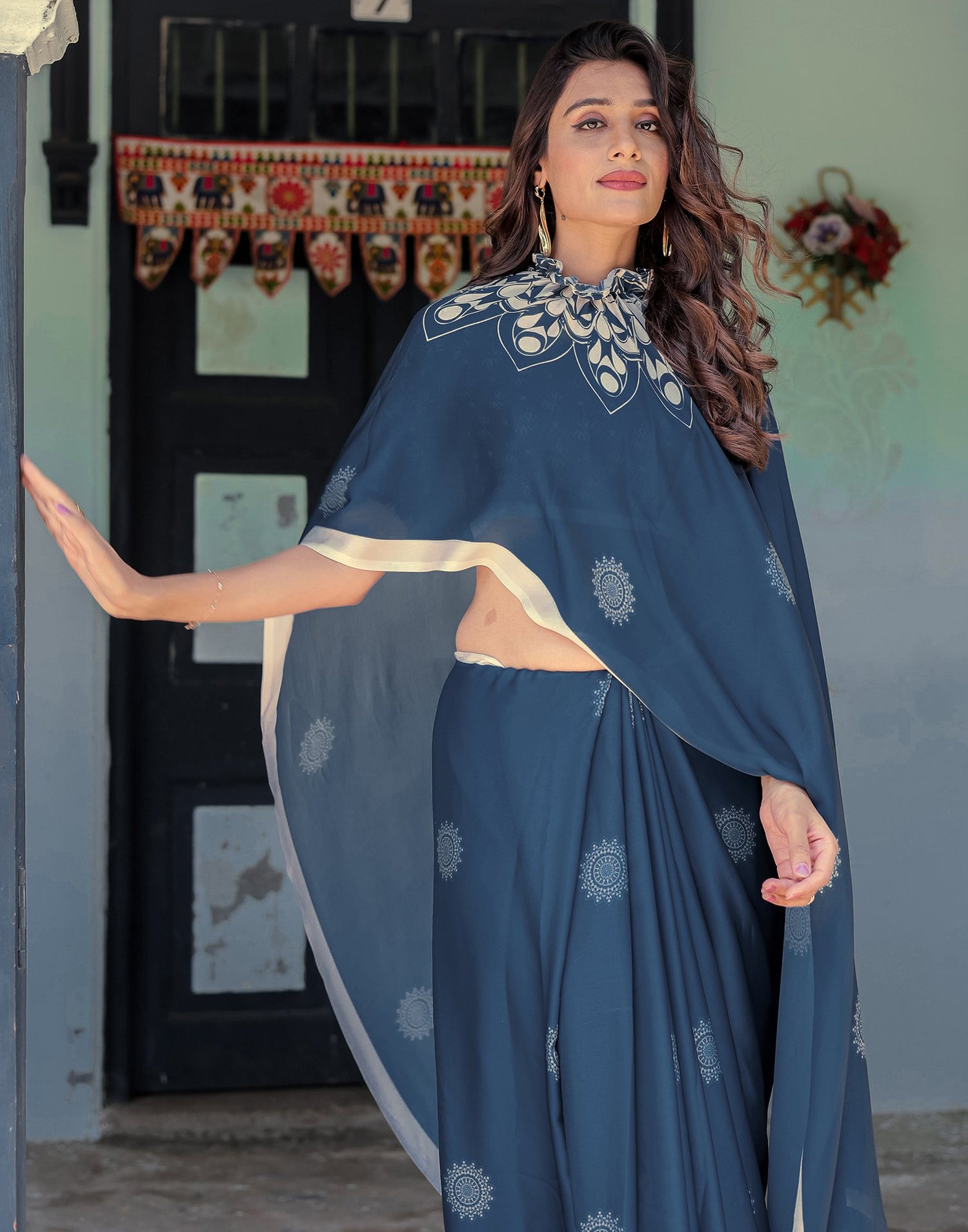 Handsfree Rama Blue Satin Printed Saree