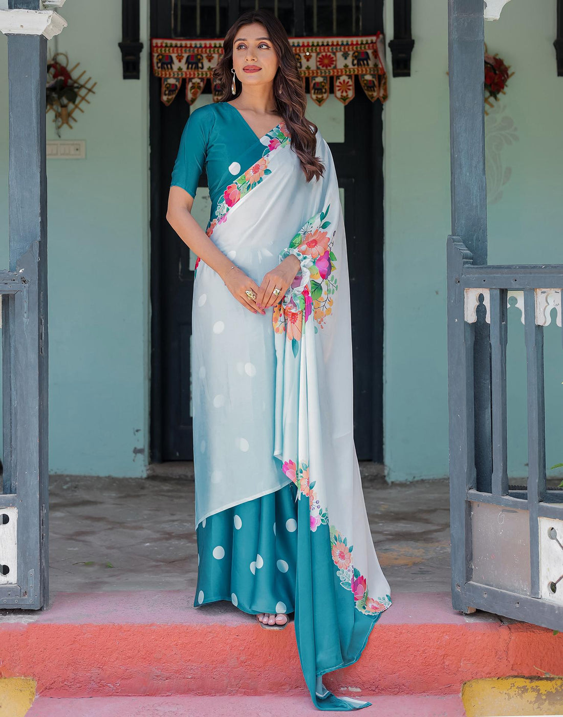 Handsfree Sky Blue Satin Floral Printed Saree