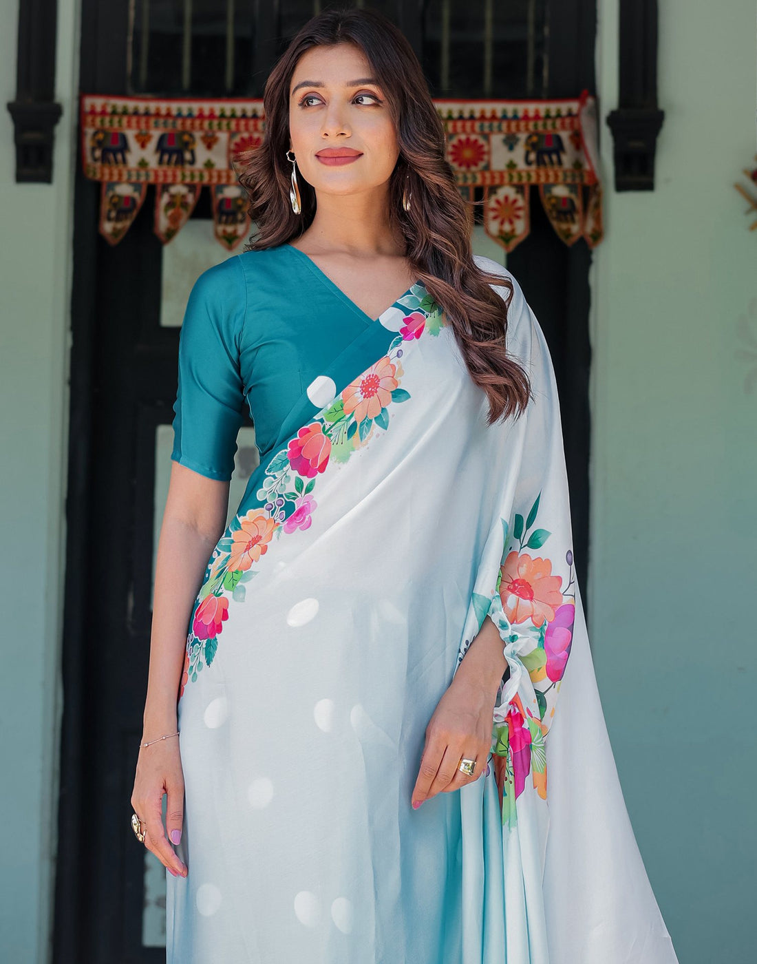 Handsfree Sky Blue Satin Floral Printed Saree