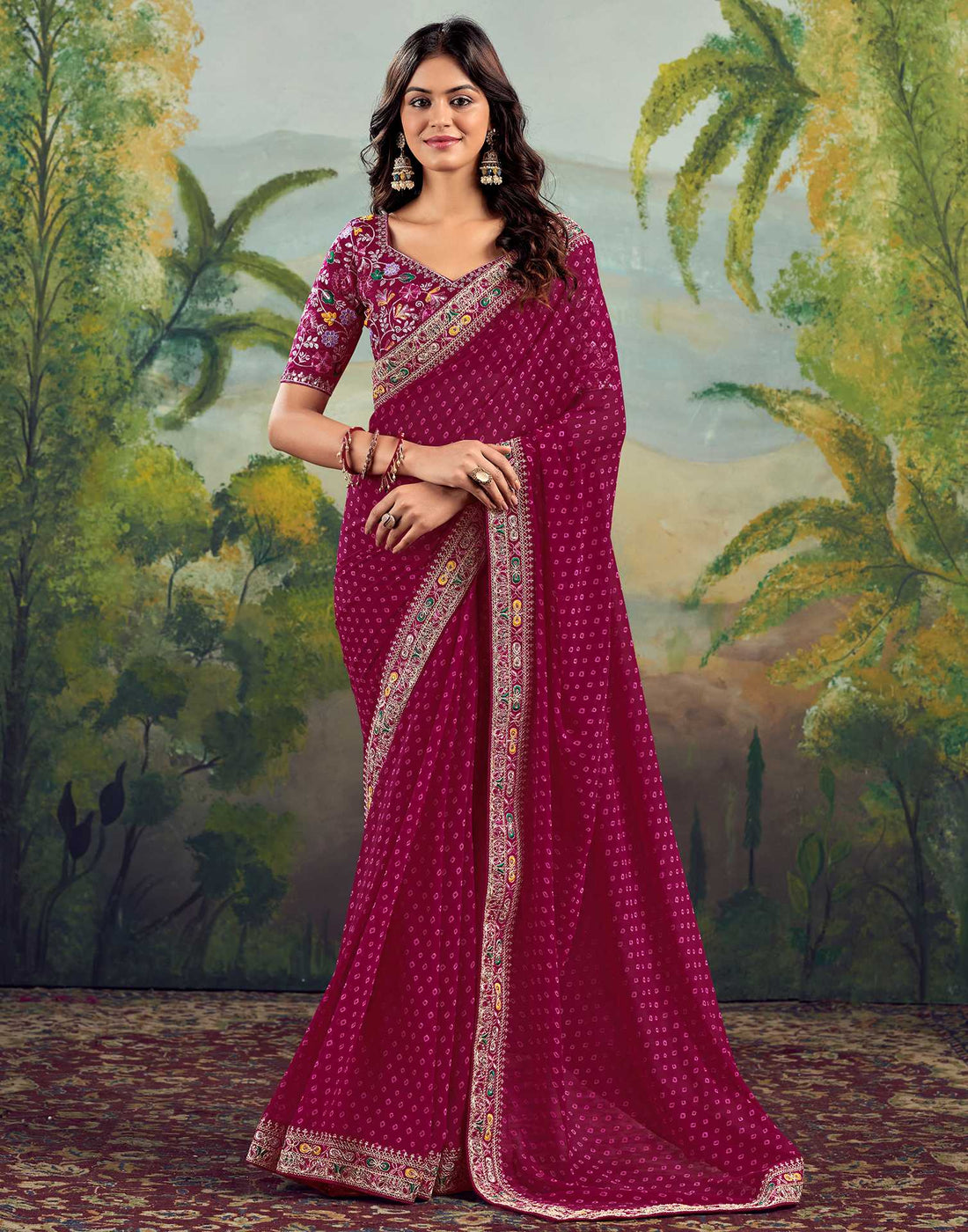Rani Pink Georgette Bandhani Printed Saree