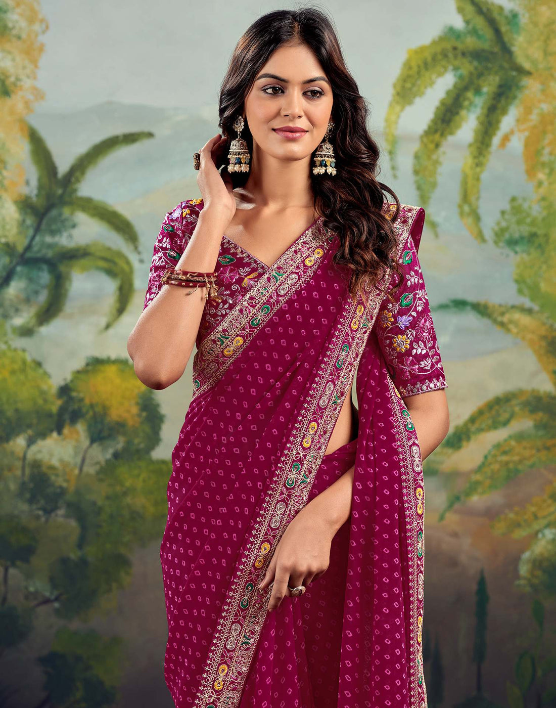 Rani Pink Georgette Bandhani Printed Saree