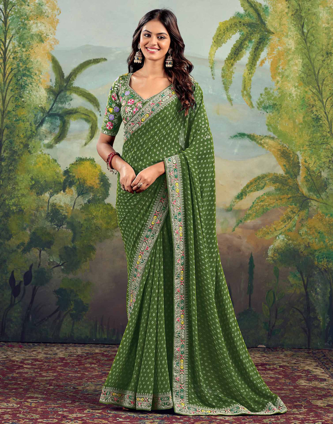 Green Georgette Bandhani Printed Saree