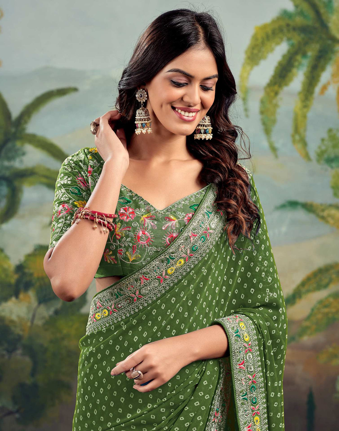 Green Georgette Bandhani Printed Saree
