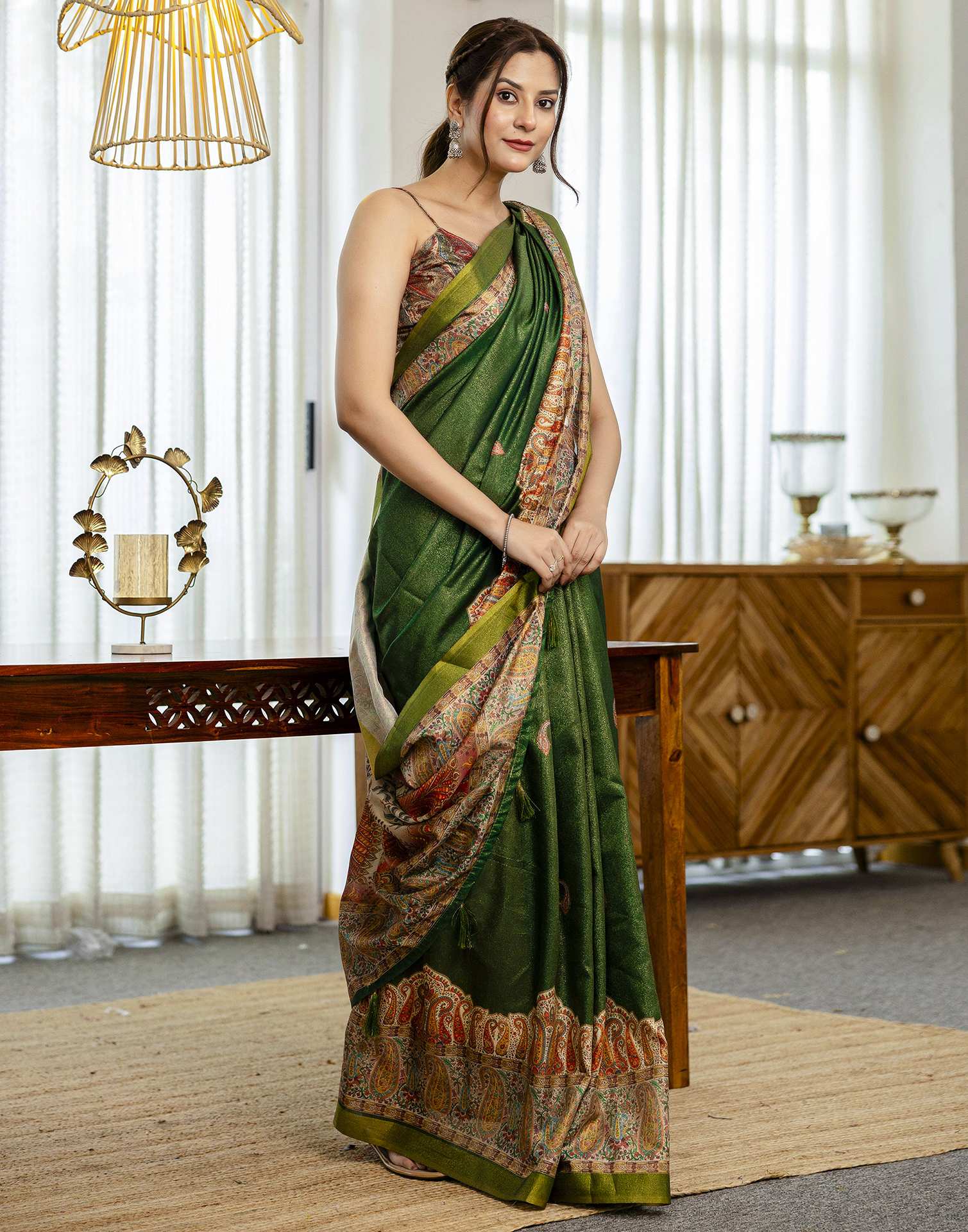 Dark Green Shimmer Silk Printed Saree