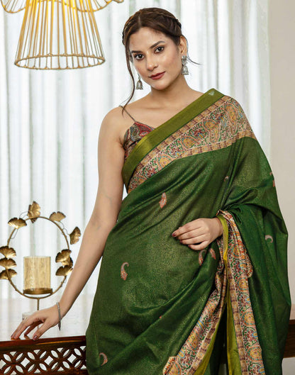 Dark Green Shimmer Silk Printed Saree