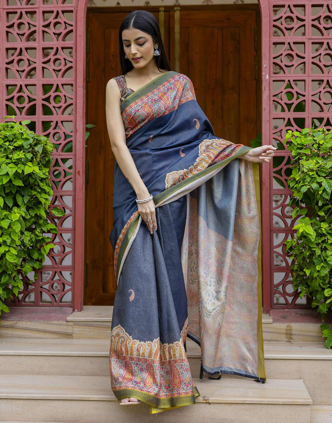 Navy Blue Shimmer Silk Printed Saree