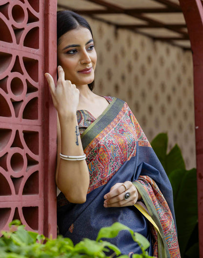 Navy Blue Shimmer Silk Printed Saree