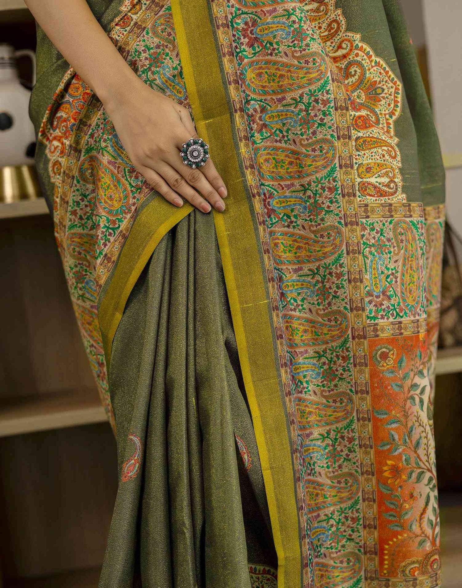 Dark Grey Shimmer Silk Printed Saree