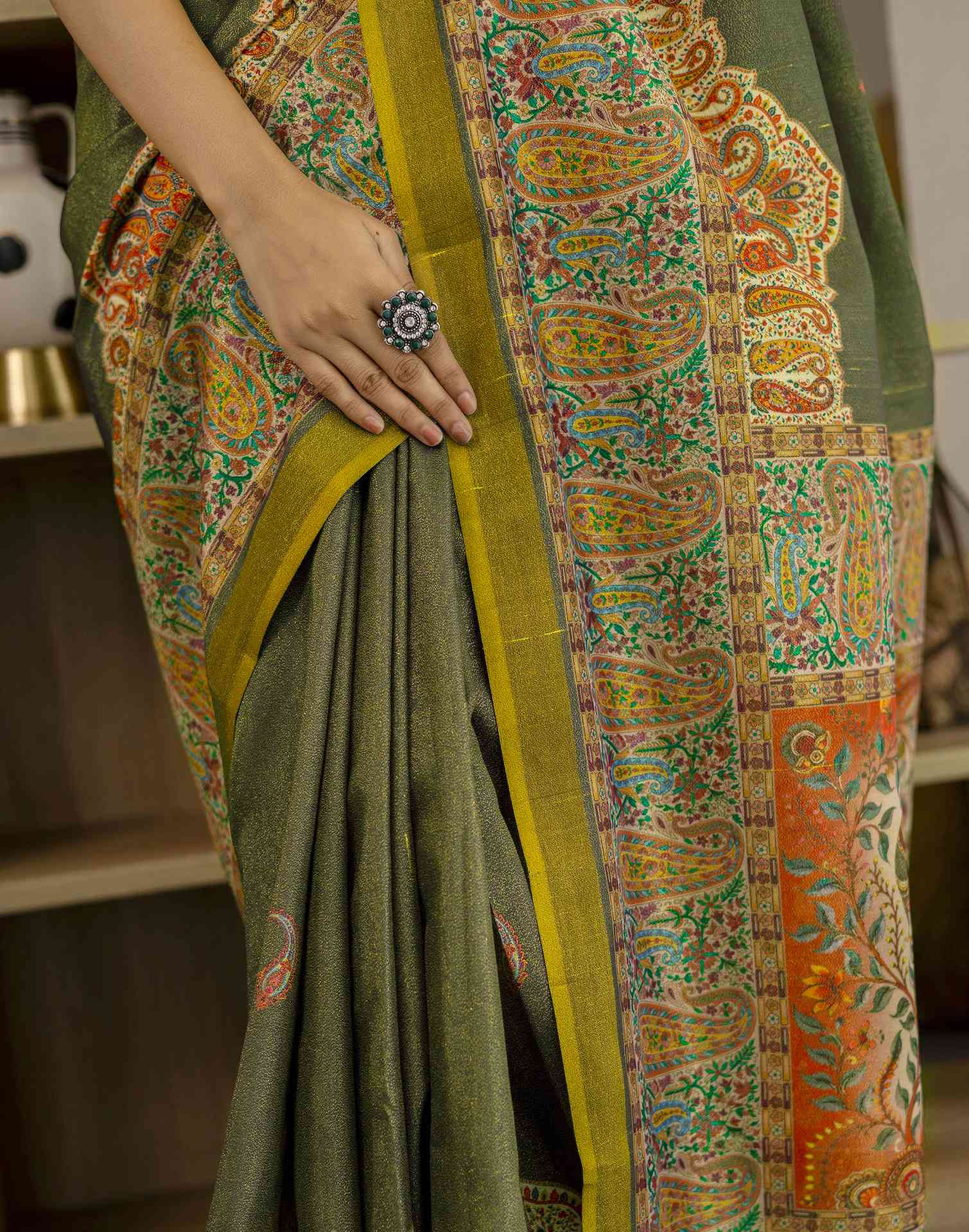 Dark Grey Shimmer Silk Printed Saree