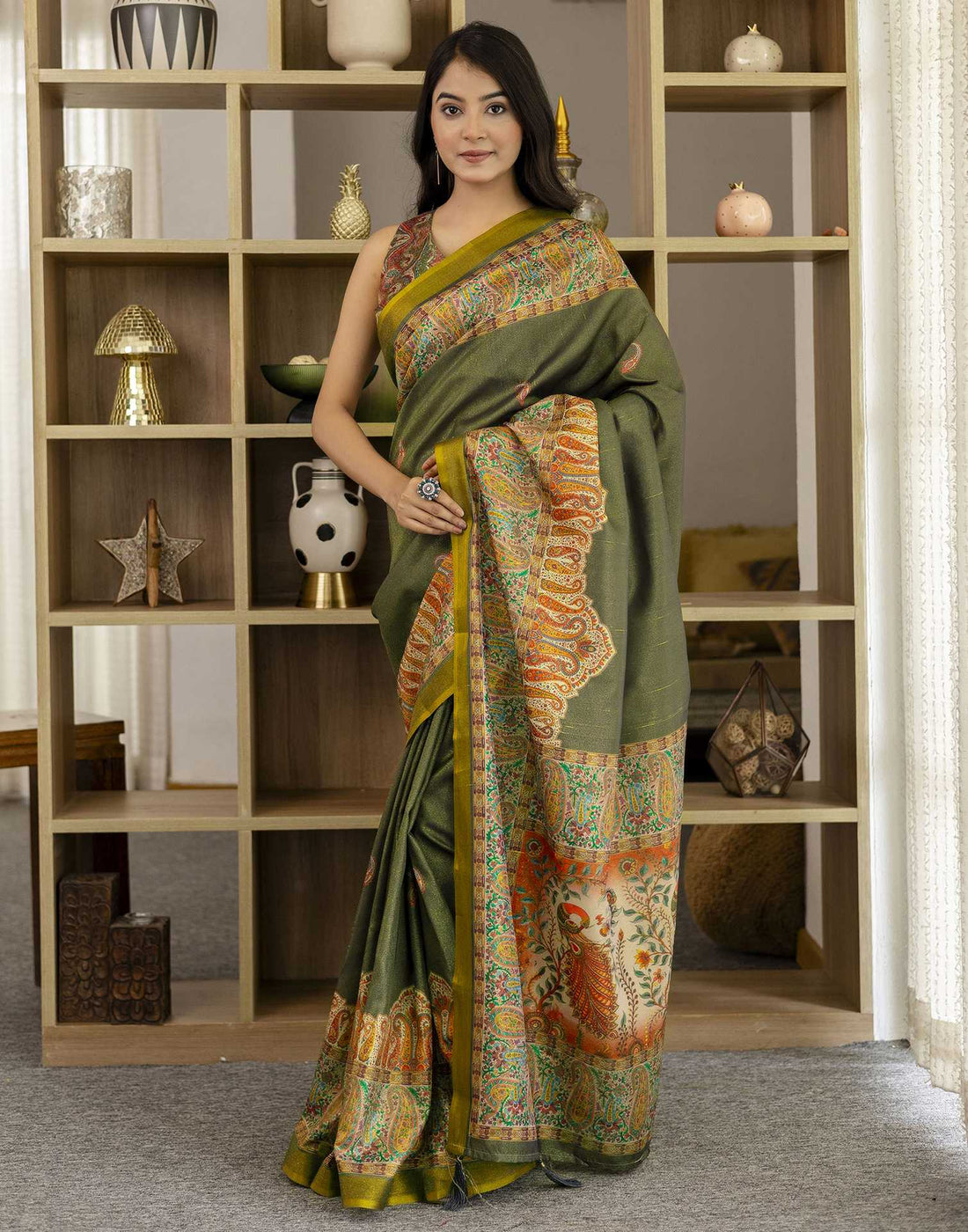 Dark Grey Shimmer Silk Printed Saree