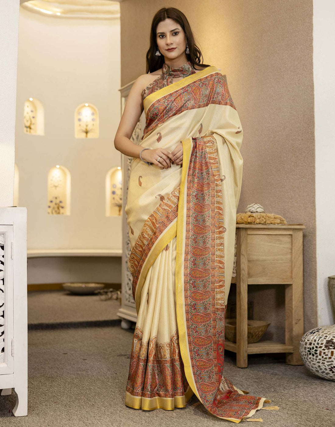 Cream Shimmer Silk Printed Saree