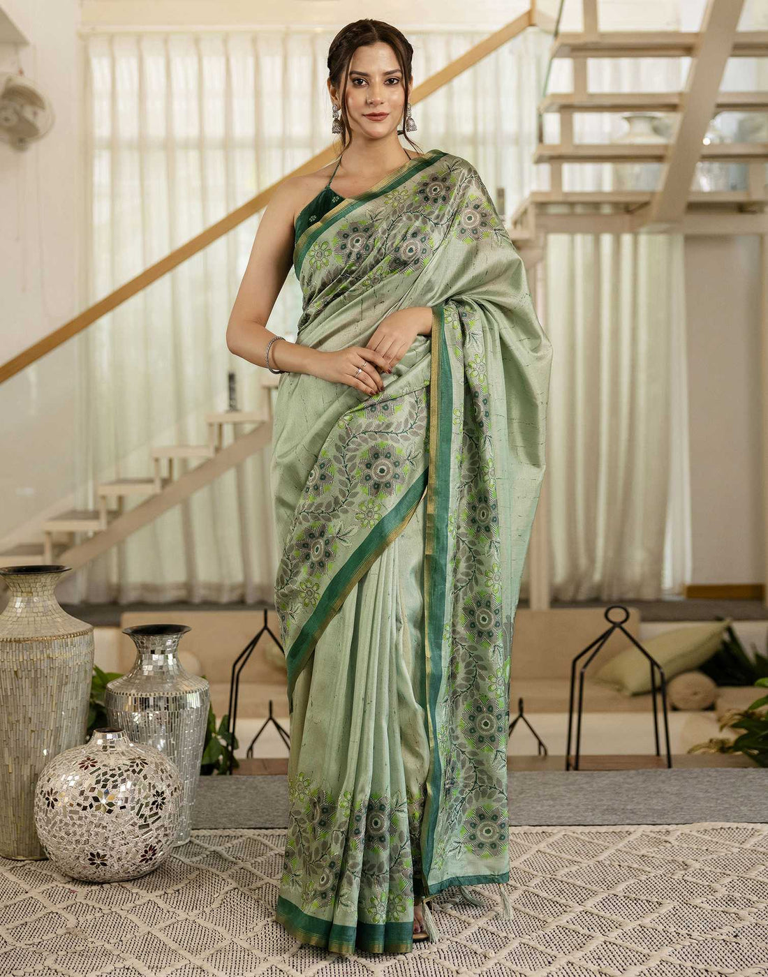 Pista Green Dola Silk Printed Saree